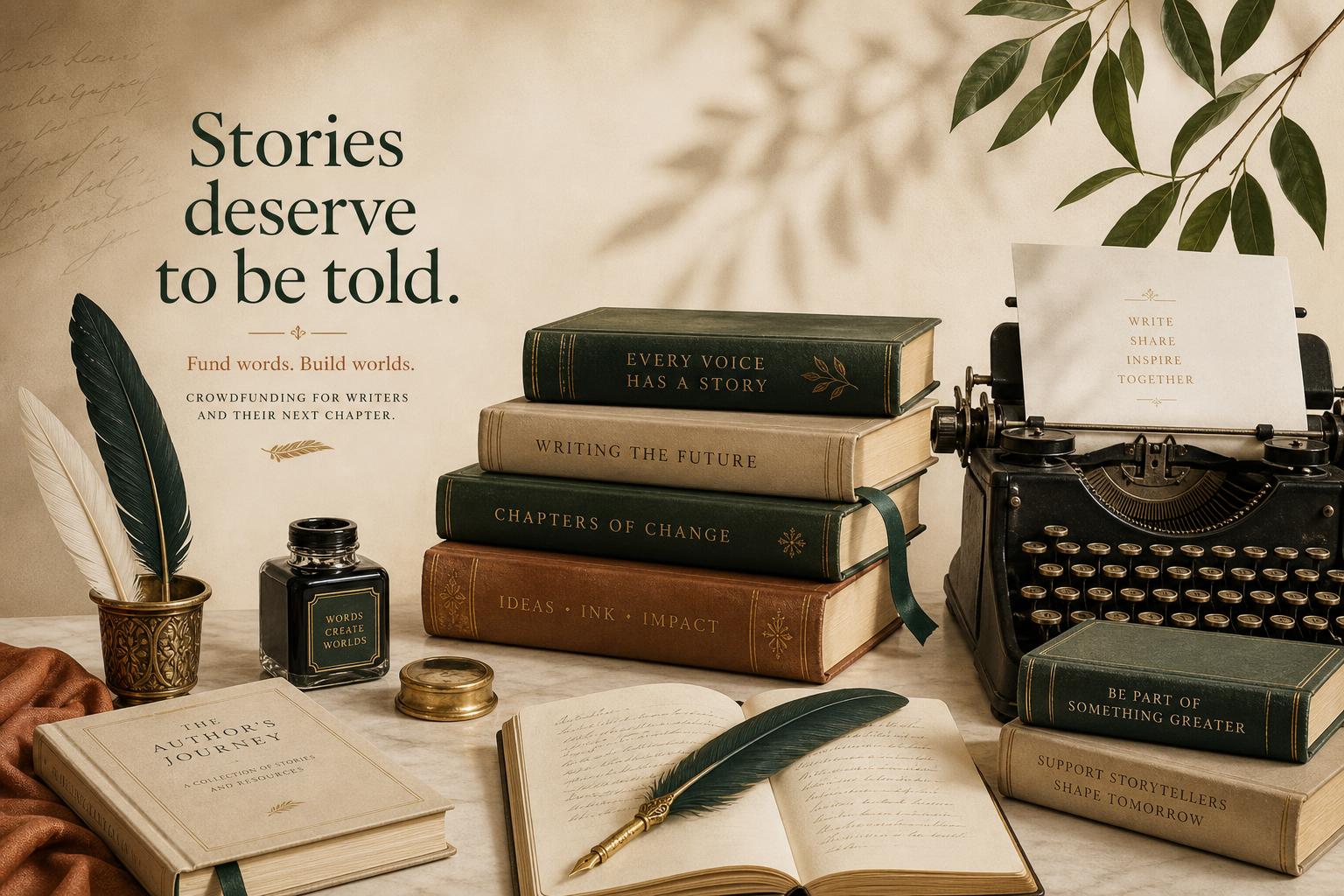 Composición editorial con libros, máquina de escribir antigua, plumas y tinteros