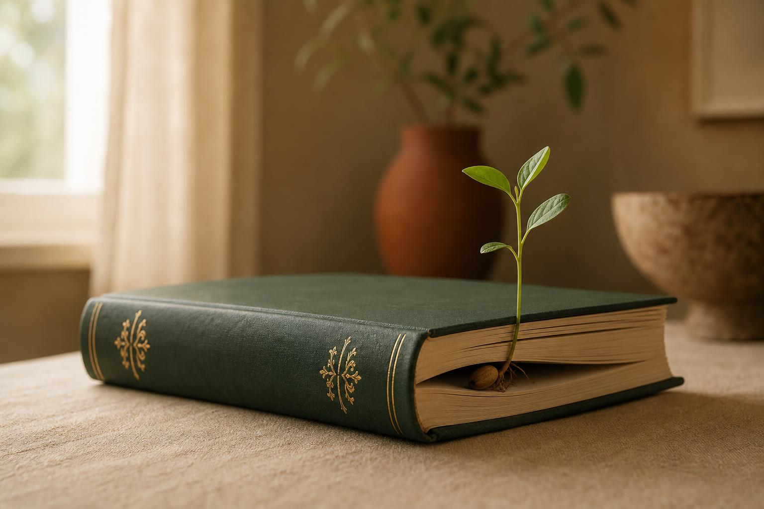 Libro verde horizontal con una plantita creciendo y una semilla visible